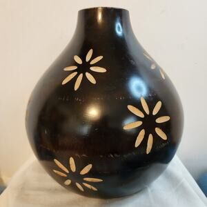 Vintage Polish Carved Wood Vase Floral Inlay Dark Brown Folk Art 8" Tall Heavy
